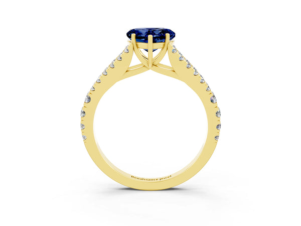 Yellow gold Heart Cut Blue Sapphire Split Shank Pavé Engagement Ring with Four-Prong Setting