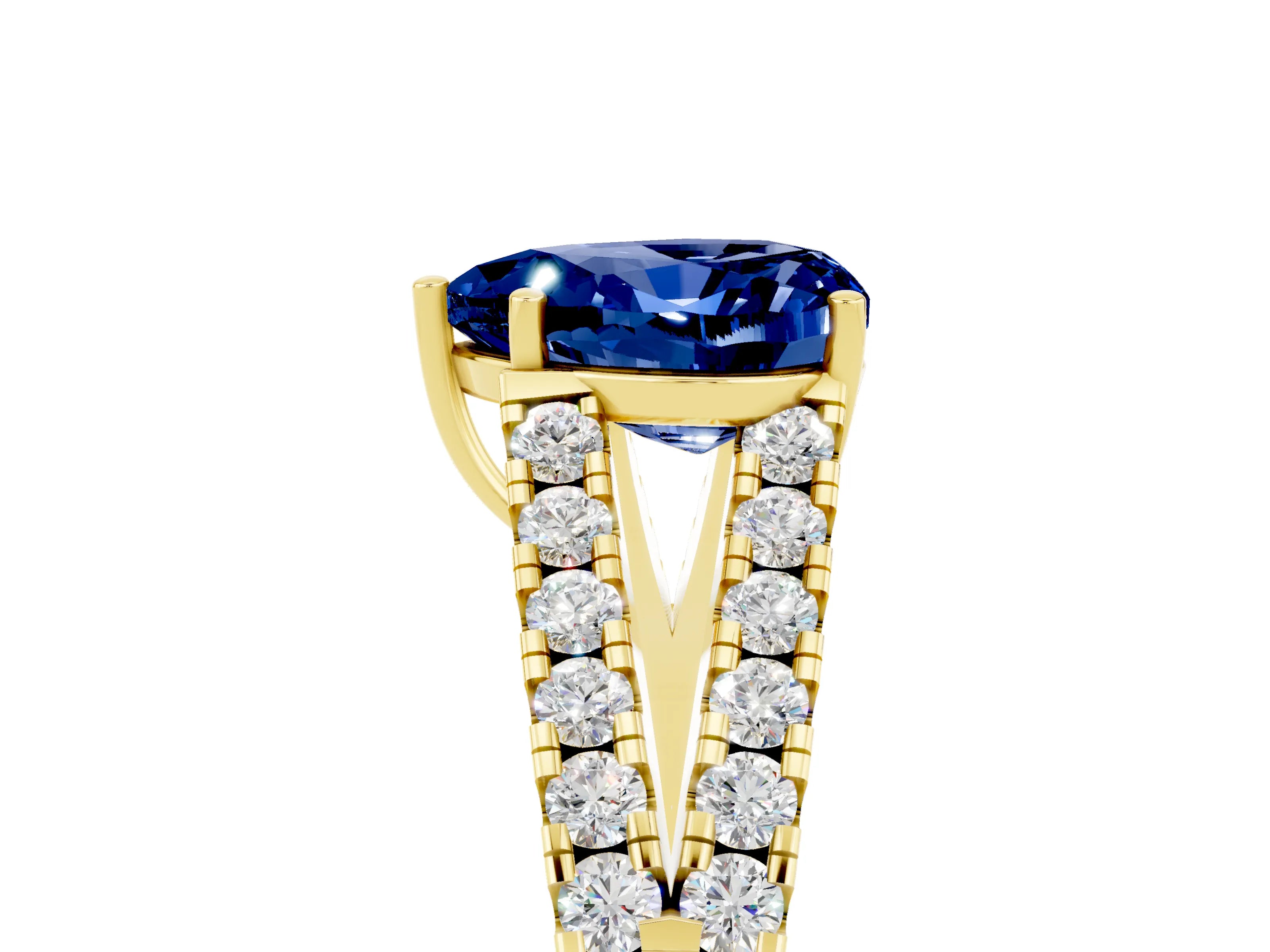 Yellow gold Heart Cut Blue Sapphire Split Shank Pavé Engagement Ring with Four-Prong Setting_17