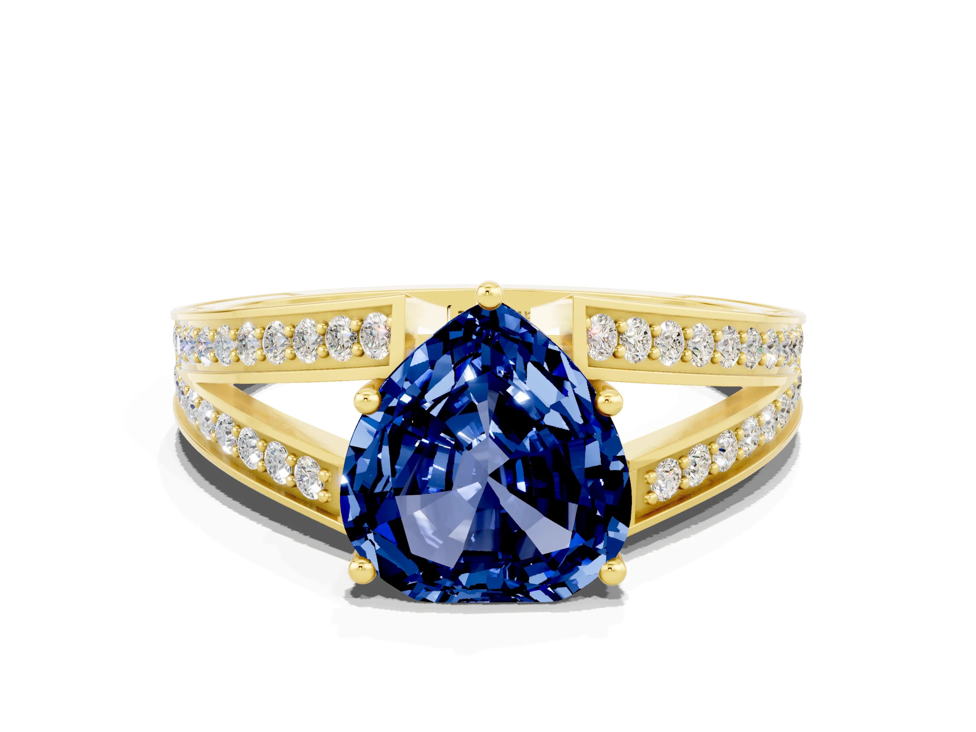 Yellow gold Heart Cut Blue Sapphire Split Shank Ring with Pavé Band and Four-Prong Setting