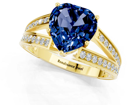 Yellow gold Heart Cut Blue Sapphire Split Shank Ring with Pavé Band and Four-Prong Setting_1