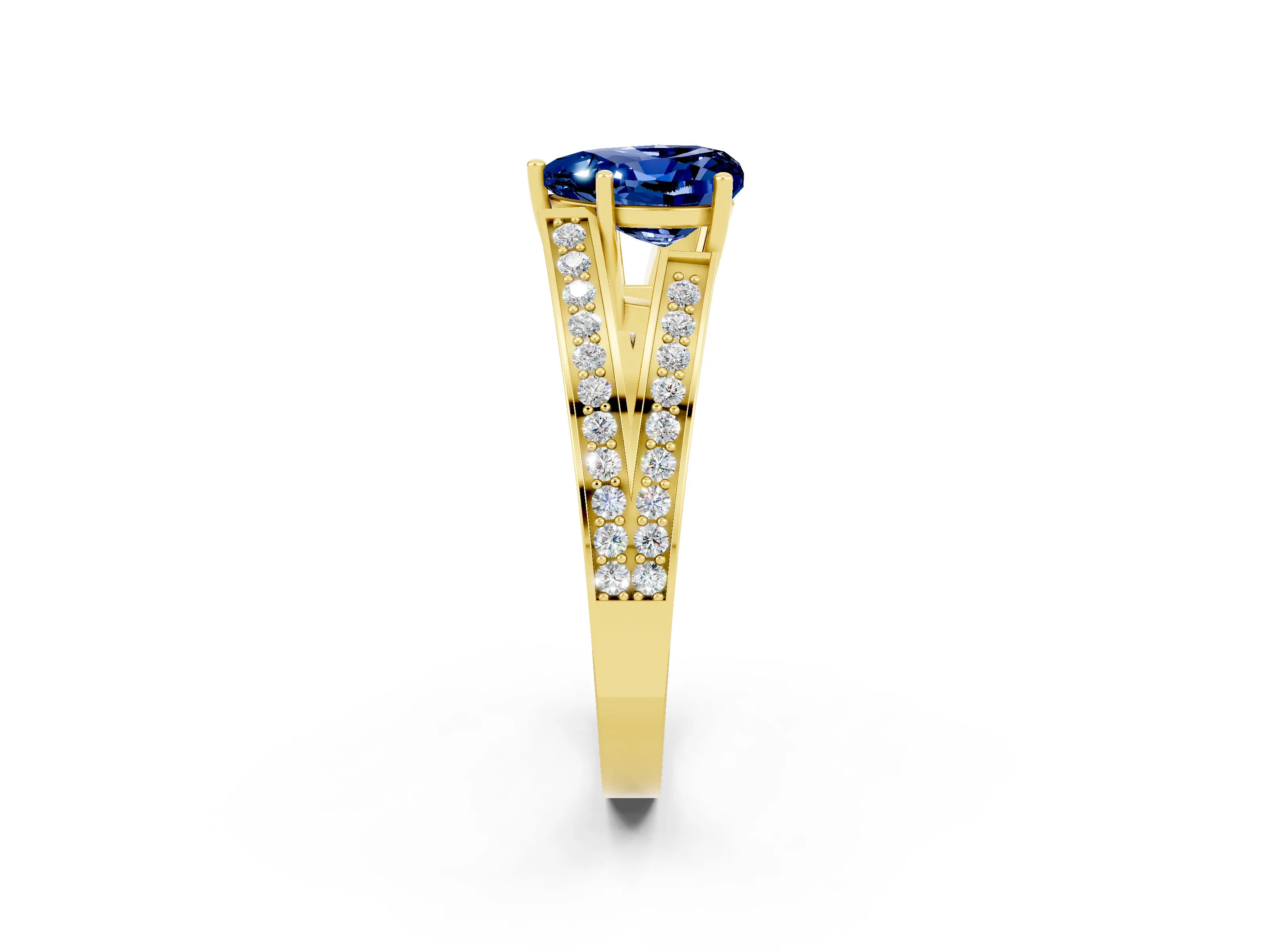 Yellow gold Heart Cut Blue Sapphire Split Shank Ring with Pavé Band and Four-Prong Setting_2