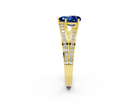 Yellow gold Heart Cut Blue Sapphire Split Shank Ring with Pavé Band and Four-Prong Setting_2