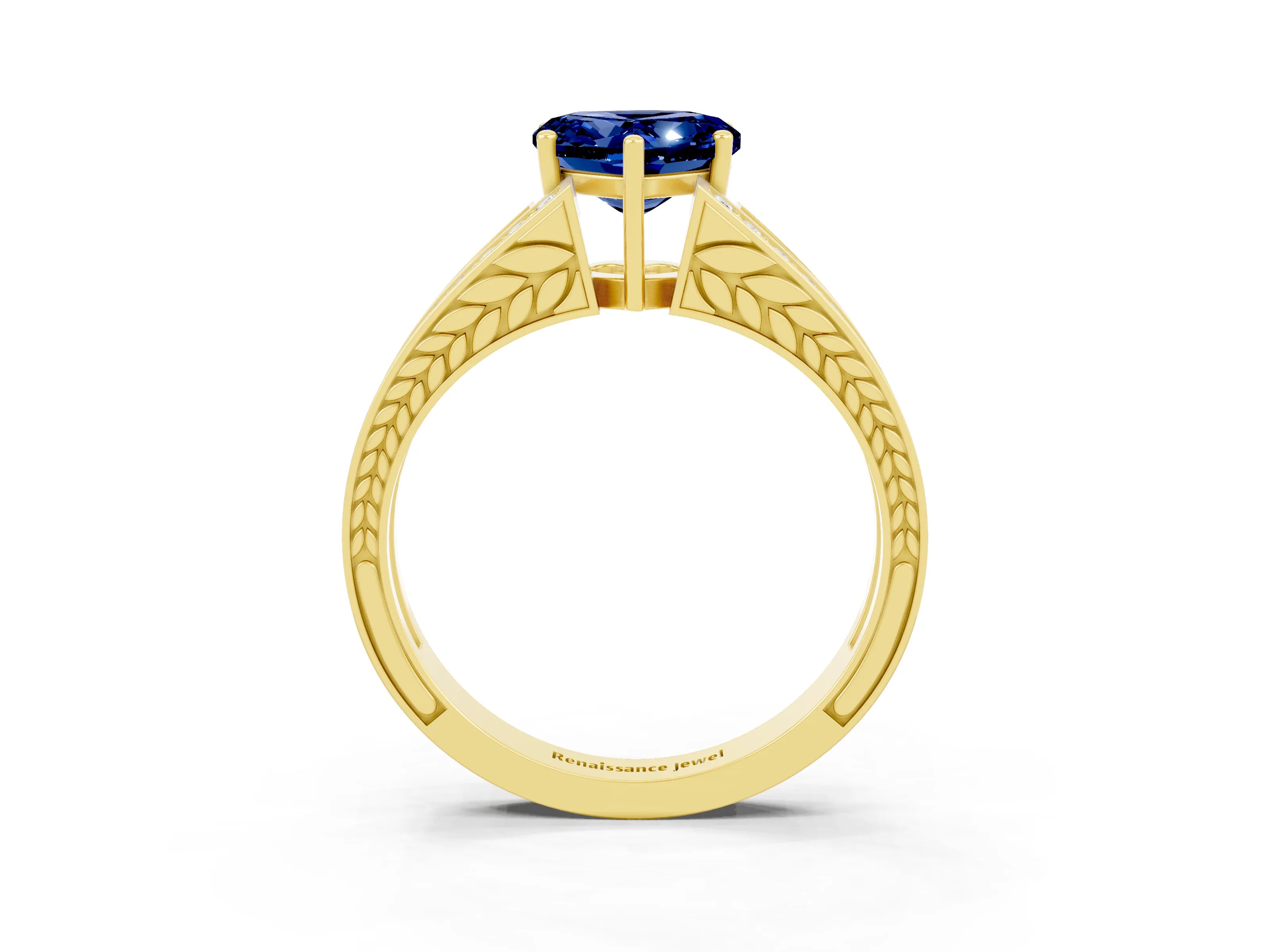 Yellow gold Heart Cut Blue Sapphire Split Shank Ring with Pavé Band and Four-Prong Setting_3