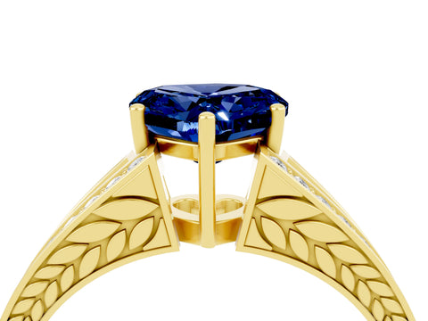 Yellow gold Heart Cut Blue Sapphire Split Shank Ring with Pavé Band and Four-Prong Setting_4