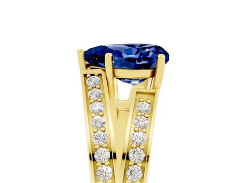 Yellow gold Heart Cut Blue Sapphire Split Shank Ring with Pavé Band and Four-Prong Setting_5