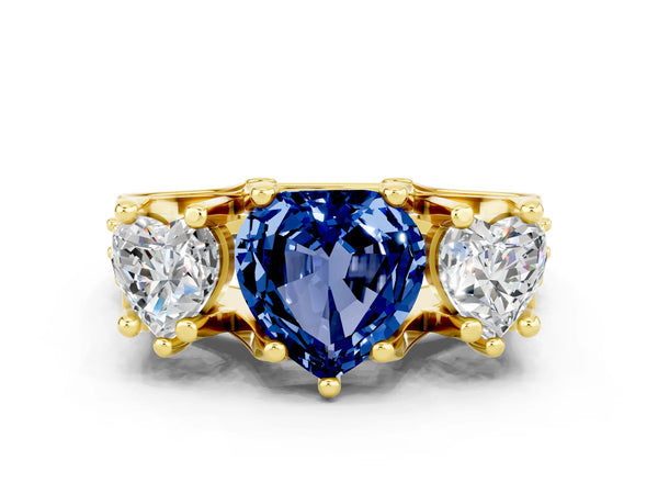 Yellow gold Heart Cut Blue Sapphire Three-Stone Ring with Channel Set Band and Four-Prong Setting