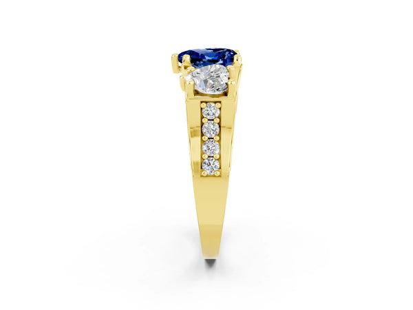 Yellow gold Heart Cut Blue Sapphire Three-Stone Ring with Channel Set Band and Four-Prong Setting