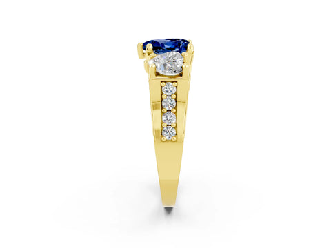 Yellow gold Heart Cut Blue Sapphire Three-Stone Ring with Channel Set Band and Four-Prong Setting_2