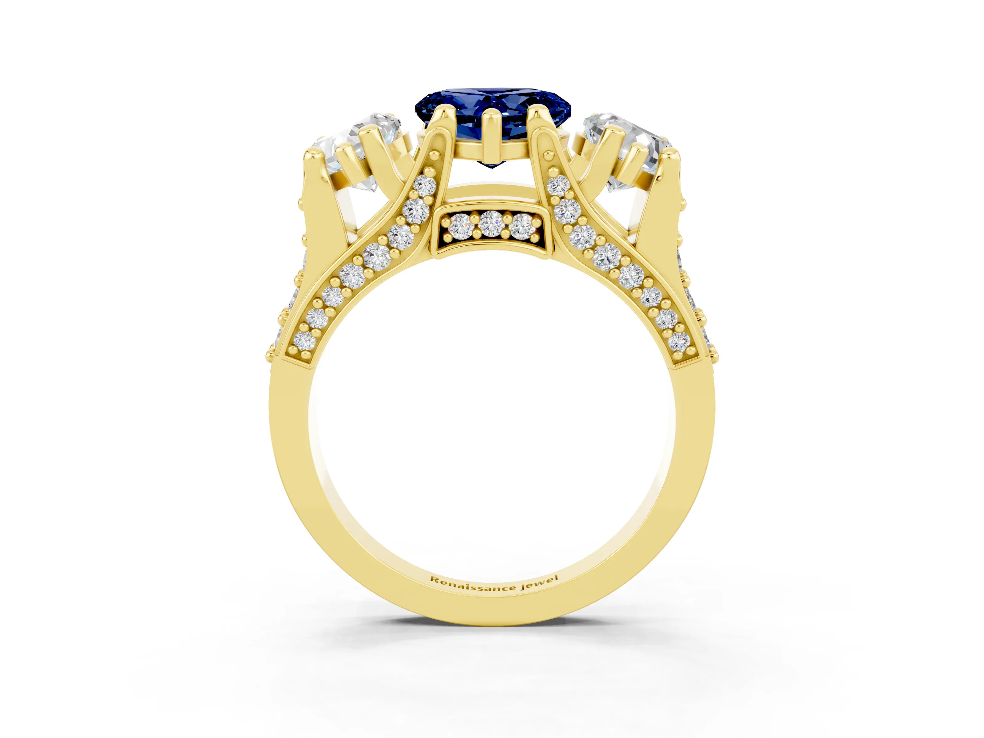 Yellow gold Heart Cut Blue Sapphire Three-Stone Ring with Channel Set Band and Four-Prong Setting_3