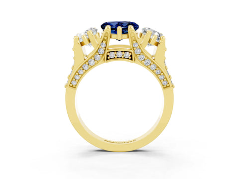 Yellow gold Heart Cut Blue Sapphire Three-Stone Ring with Channel Set Band and Four-Prong Setting_3