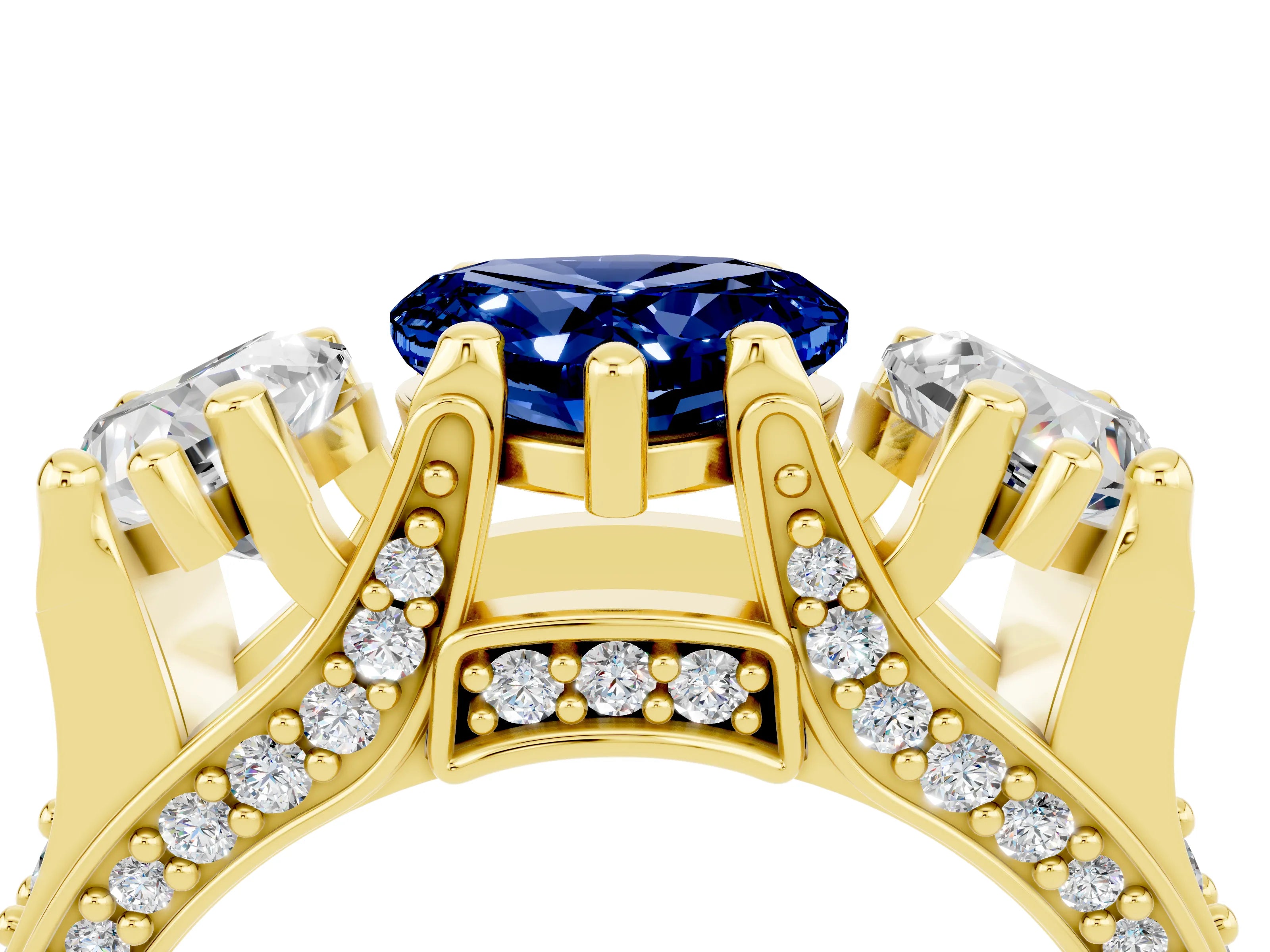 Yellow gold Heart Cut Blue Sapphire Three-Stone Ring with Channel Set Band and Four-Prong Setting_4