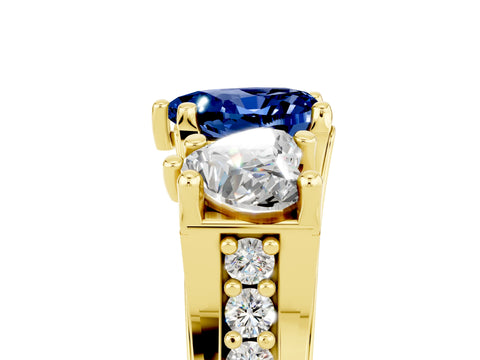 Yellow gold Heart Cut Blue Sapphire Three-Stone Ring with Channel Set Band and Four-Prong Setting_5