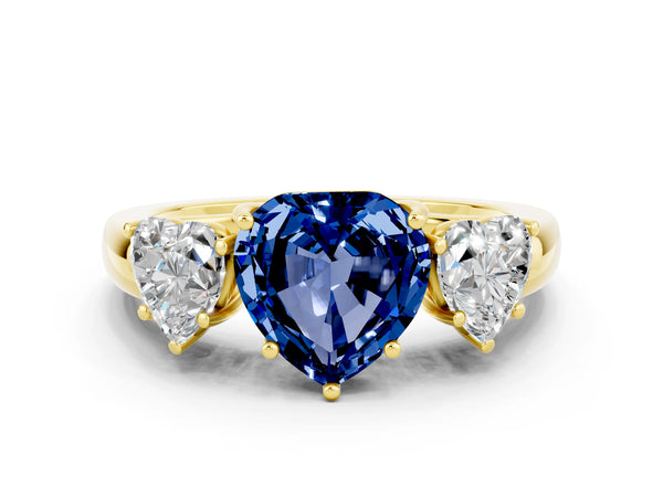 Yellow gold Heart Cut Blue Sapphire Three-Stone Ring with Four-Prong Setting and Classic Band