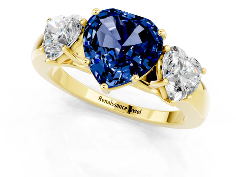 Yellow gold Heart Cut Blue Sapphire Three-Stone Ring with Four-Prong Setting and Classic Band_1