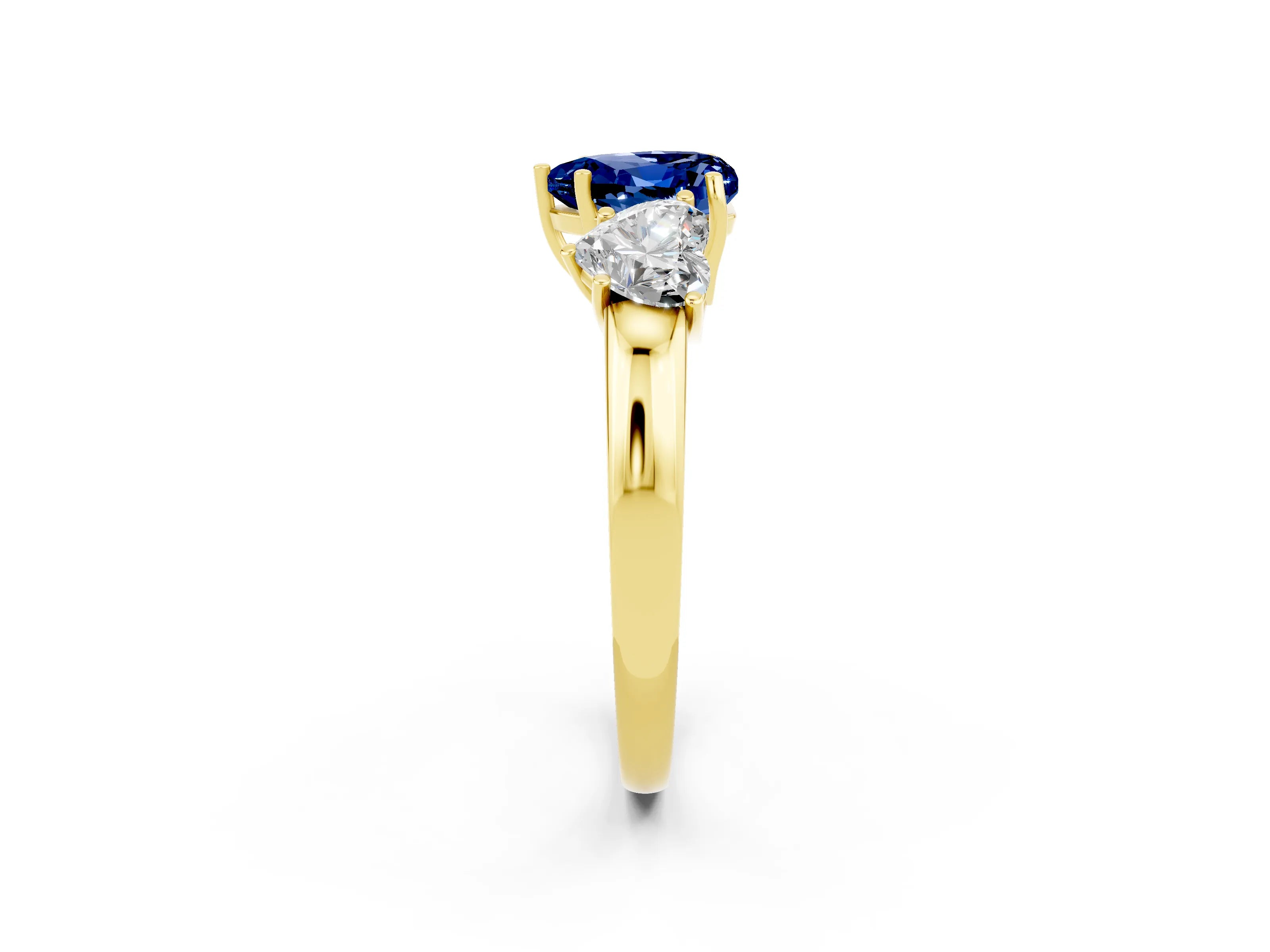 Yellow gold Heart Cut Blue Sapphire Three-Stone Ring with Four-Prong Setting and Classic Band_2
