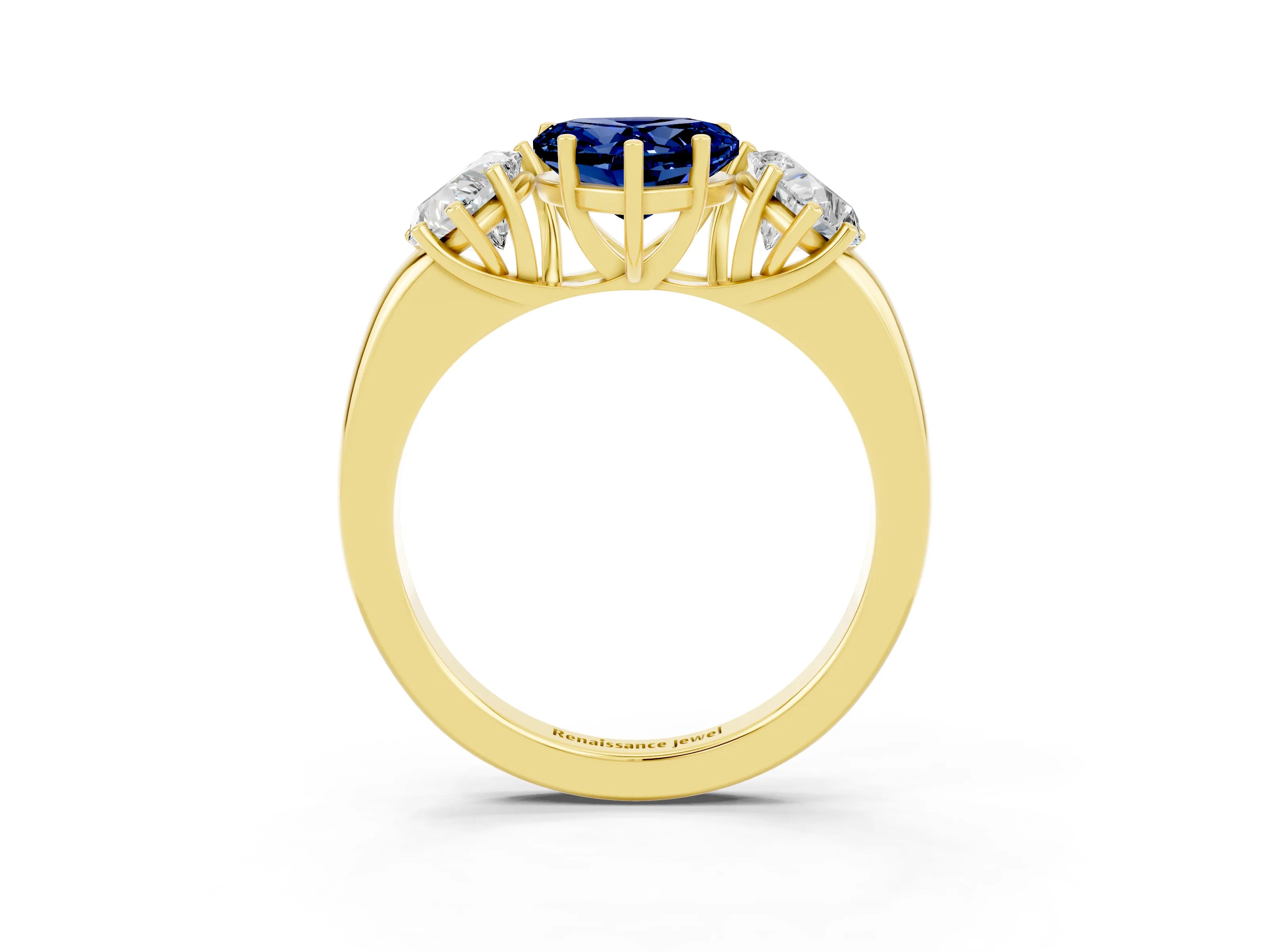 Yellow gold Heart Cut Blue Sapphire Three-Stone Ring with Four-Prong Setting and Classic Band_3