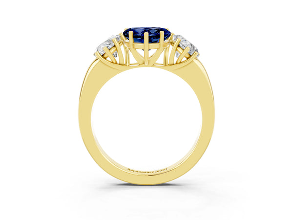 Yellow gold Heart Cut Blue Sapphire Three-Stone Ring with Four-Prong Setting and Classic Band