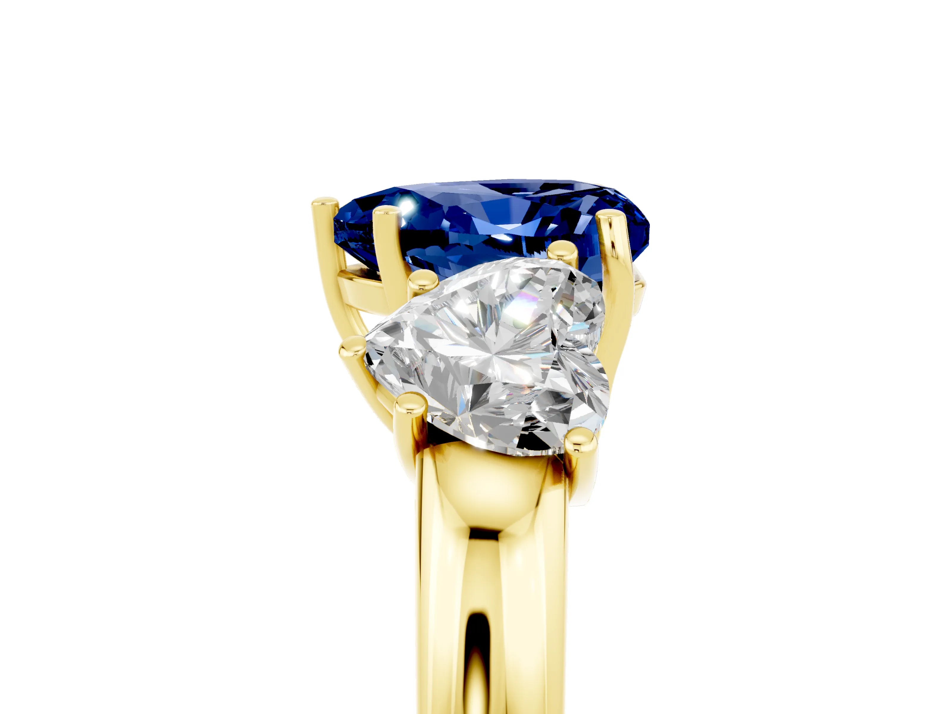 Yellow gold Heart Cut Blue Sapphire Three-Stone Ring with Four-Prong Setting and Classic Band_5