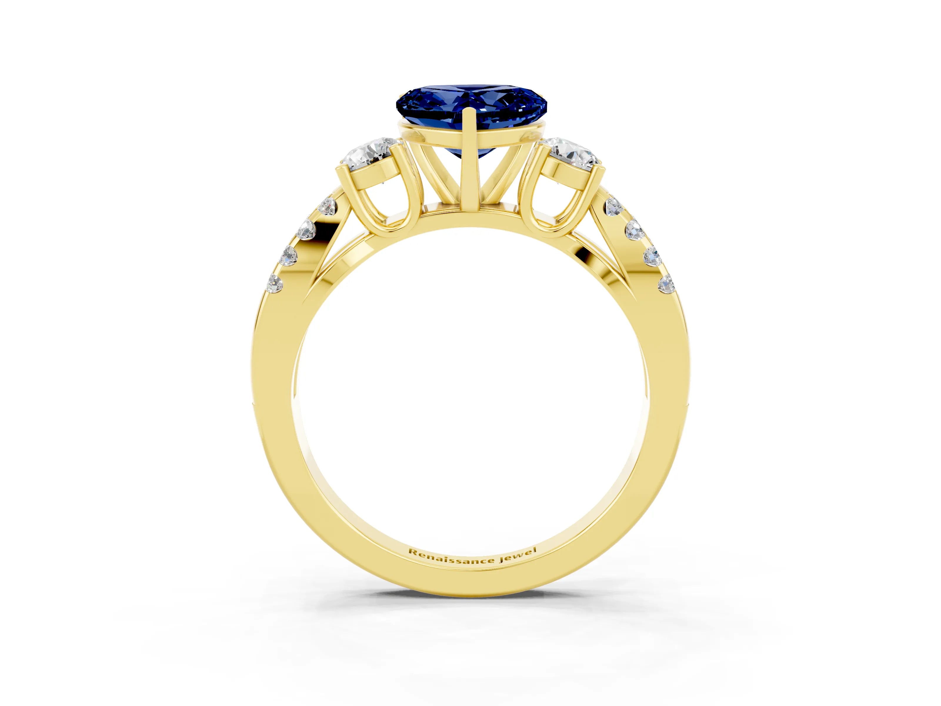 Yellow gold Heart Cut Blue Sapphire Three-Stone Ring with Pavé Split Shank and Four-Prong Setting_3