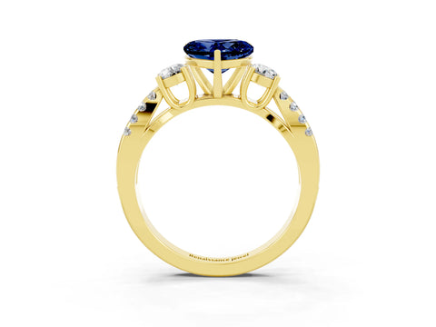 Yellow gold Heart Cut Blue Sapphire Three-Stone Ring with Pavé Split Shank and Four-Prong Setting_3