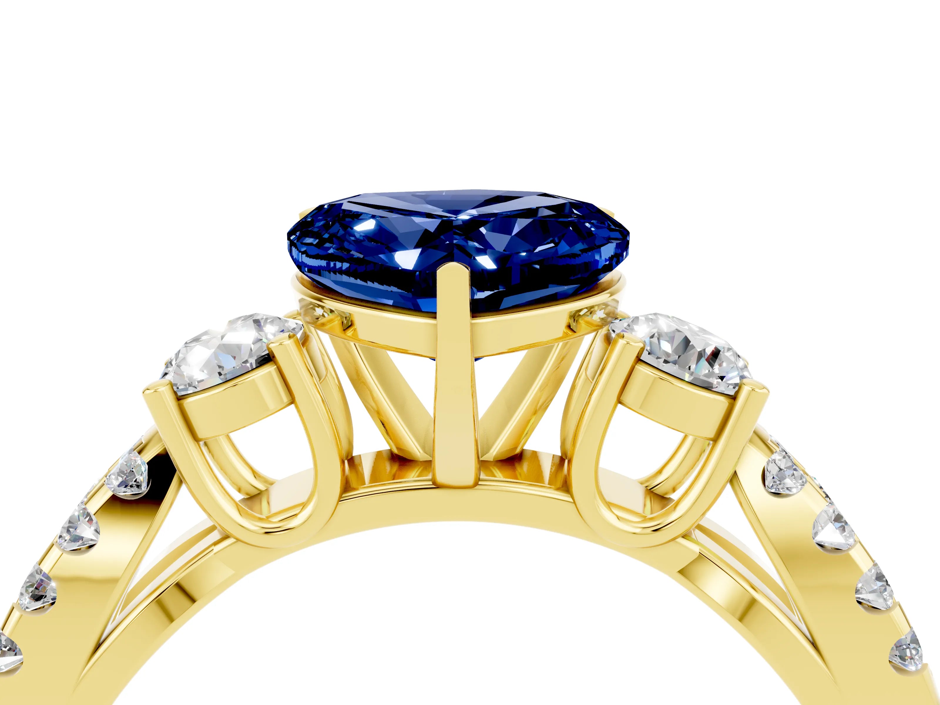 Yellow gold Heart Cut Blue Sapphire Three-Stone Ring with Pavé Split Shank and Four-Prong Setting_4