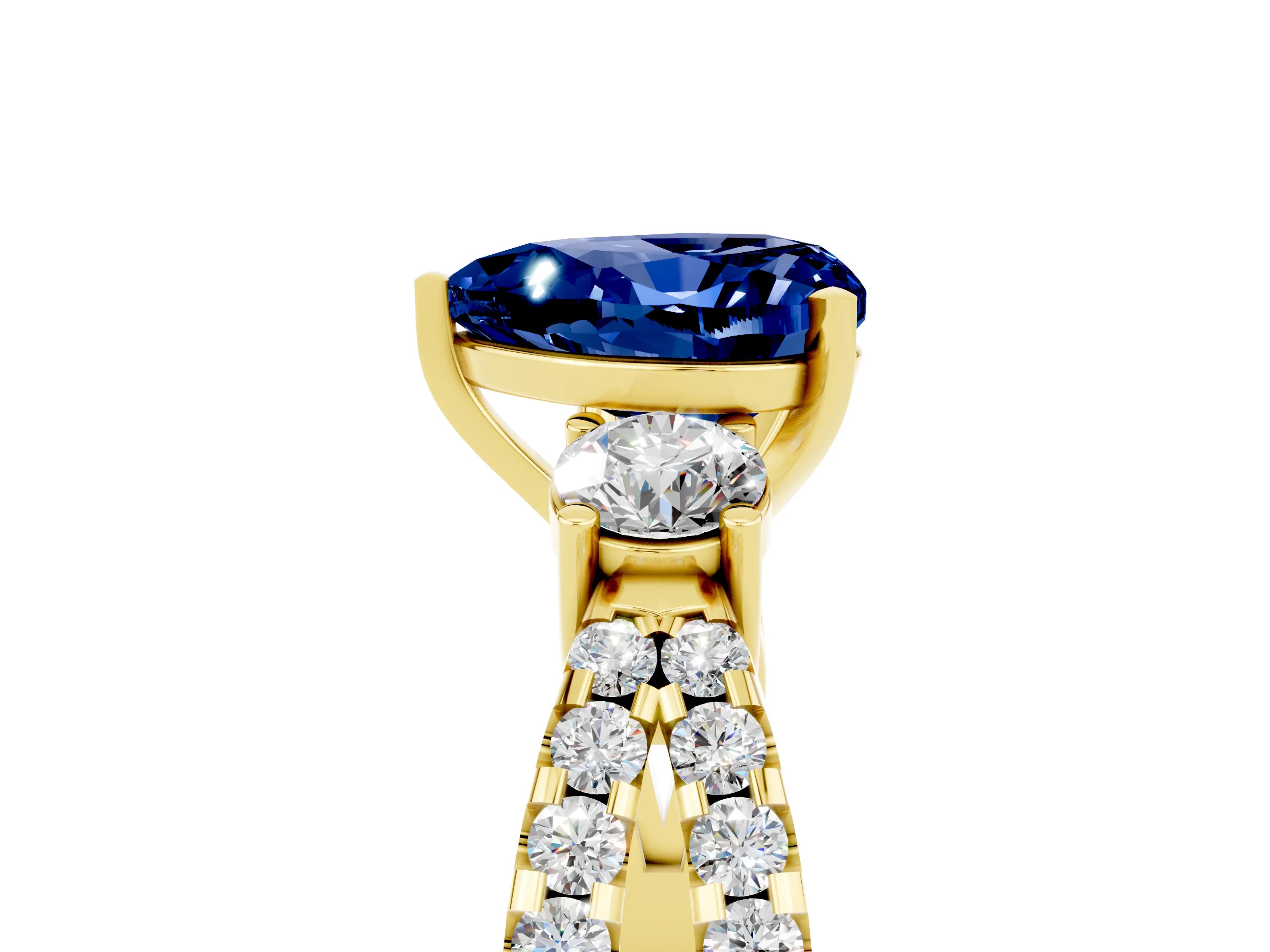 Yellow gold Heart Cut Blue Sapphire Three-Stone Ring with Pavé Split Shank and Four-Prong Setting_5