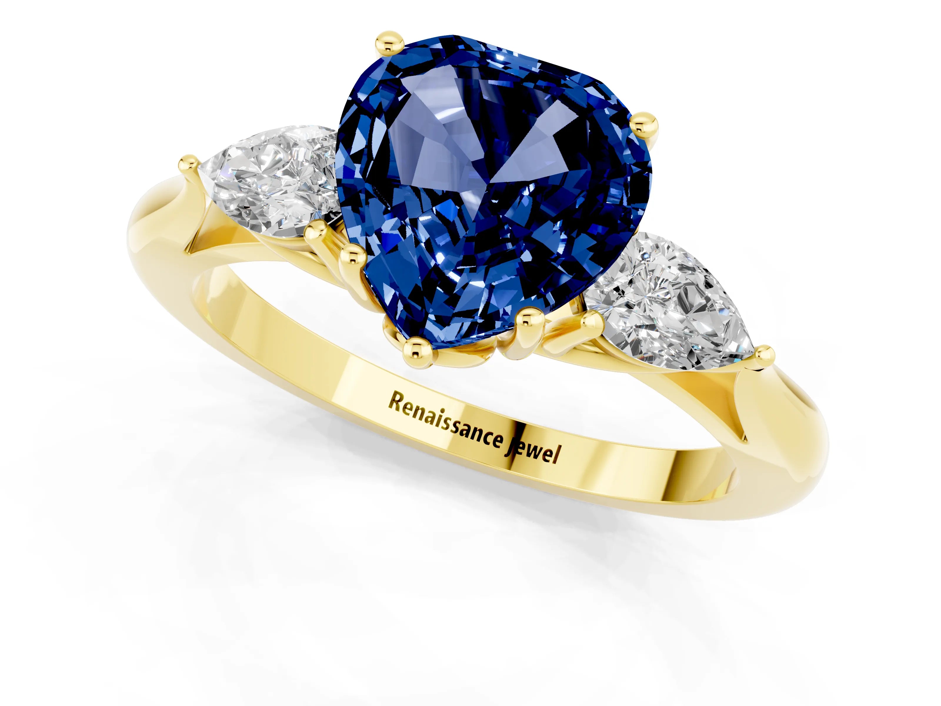 Yellow gold Heart Cut Blue Sapphire Three-Stone Ring with Pear Side Stones and Four-Prong Setting_13