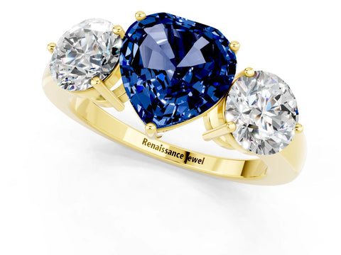 Yellow gold Heart Cut Blue Sapphire Three-Stone Ring with Prong Setting and Classic Band_1