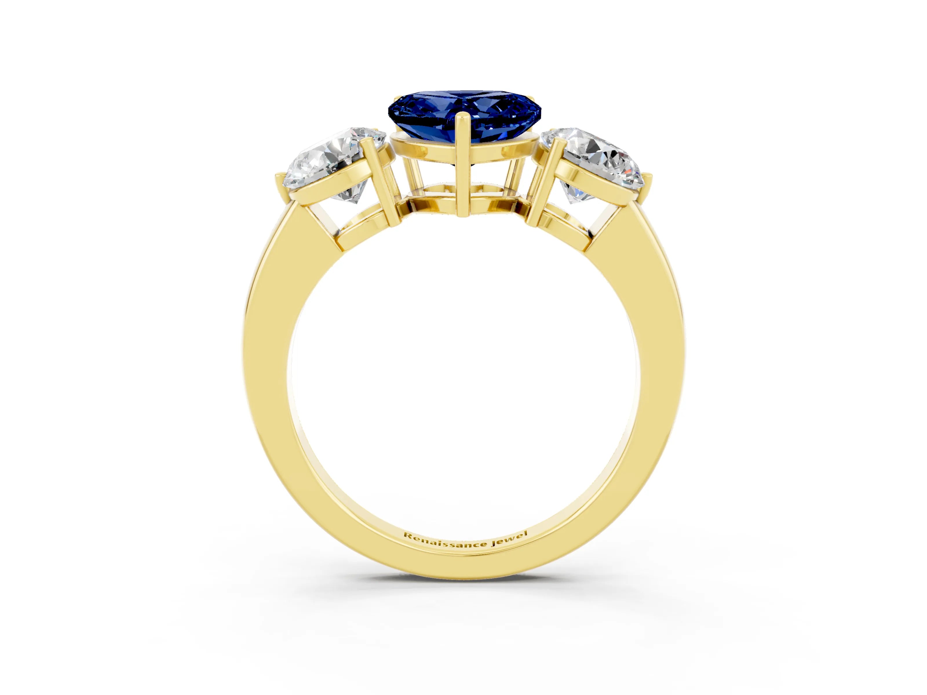 Yellow gold Heart Cut Blue Sapphire Three-Stone Ring with Prong Setting and Classic Band_3