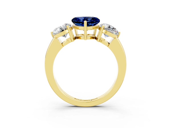 Yellow gold Heart Cut Blue Sapphire Three-Stone Ring with Prong Setting and Classic Band