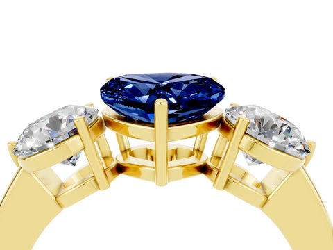 Yellow gold Heart Cut Blue Sapphire Three-Stone Ring with Prong Setting and Classic Band_4