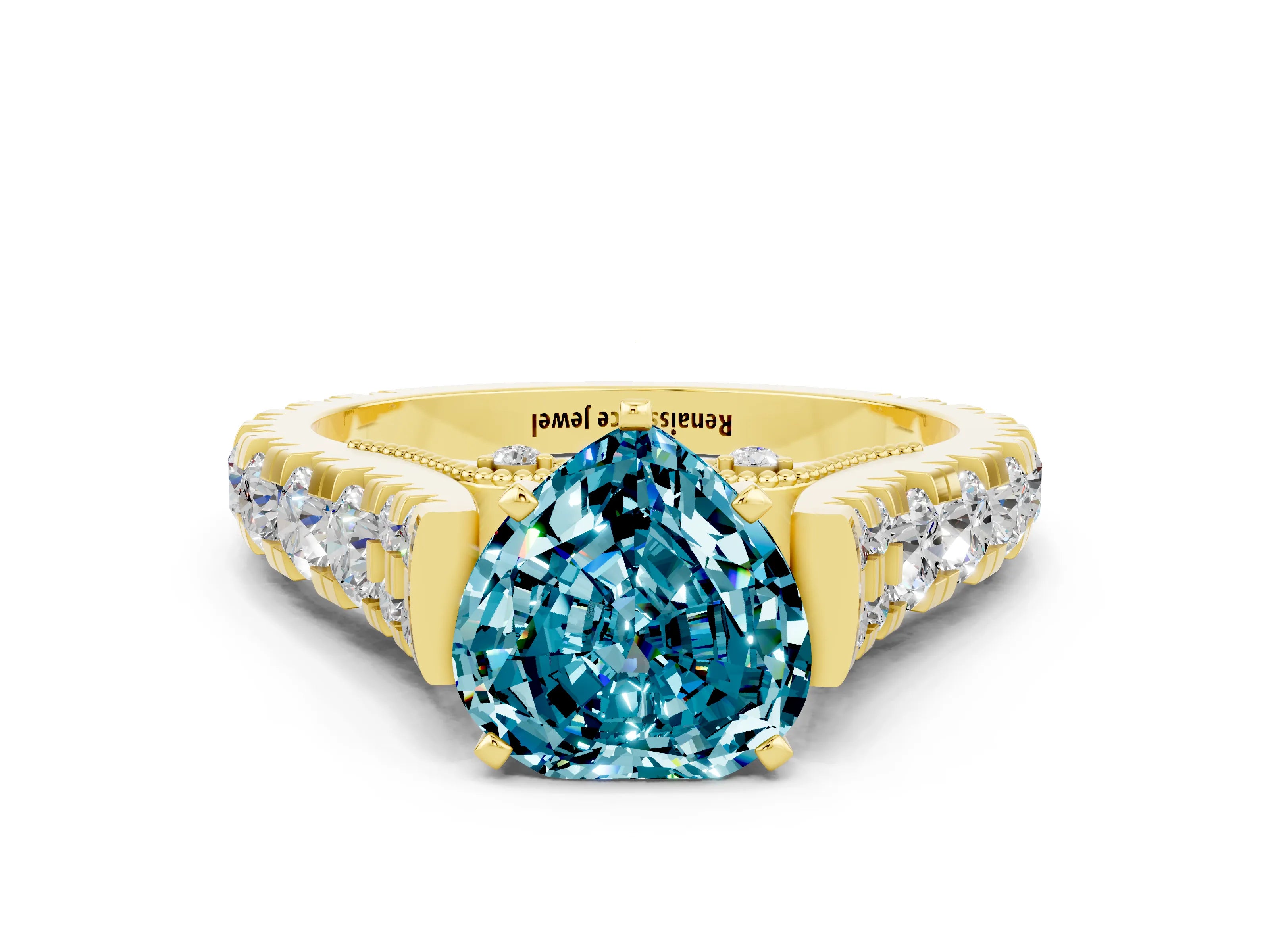 Yellow gold Heart Cut Blue Topaz Classic Solitaire Ring with Pavé Band and Four-Prong Setting