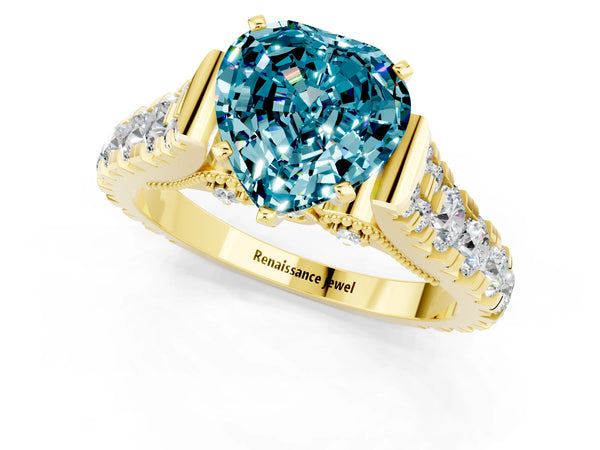 Yellow gold Heart Cut Blue Topaz Classic Solitaire Ring with Pavé Band and Four-Prong Setting
