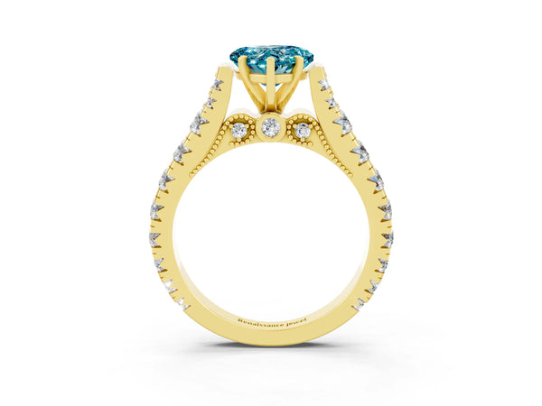 Yellow gold Heart Cut Blue Topaz Classic Solitaire Ring with Pavé Band and Four-Prong Setting