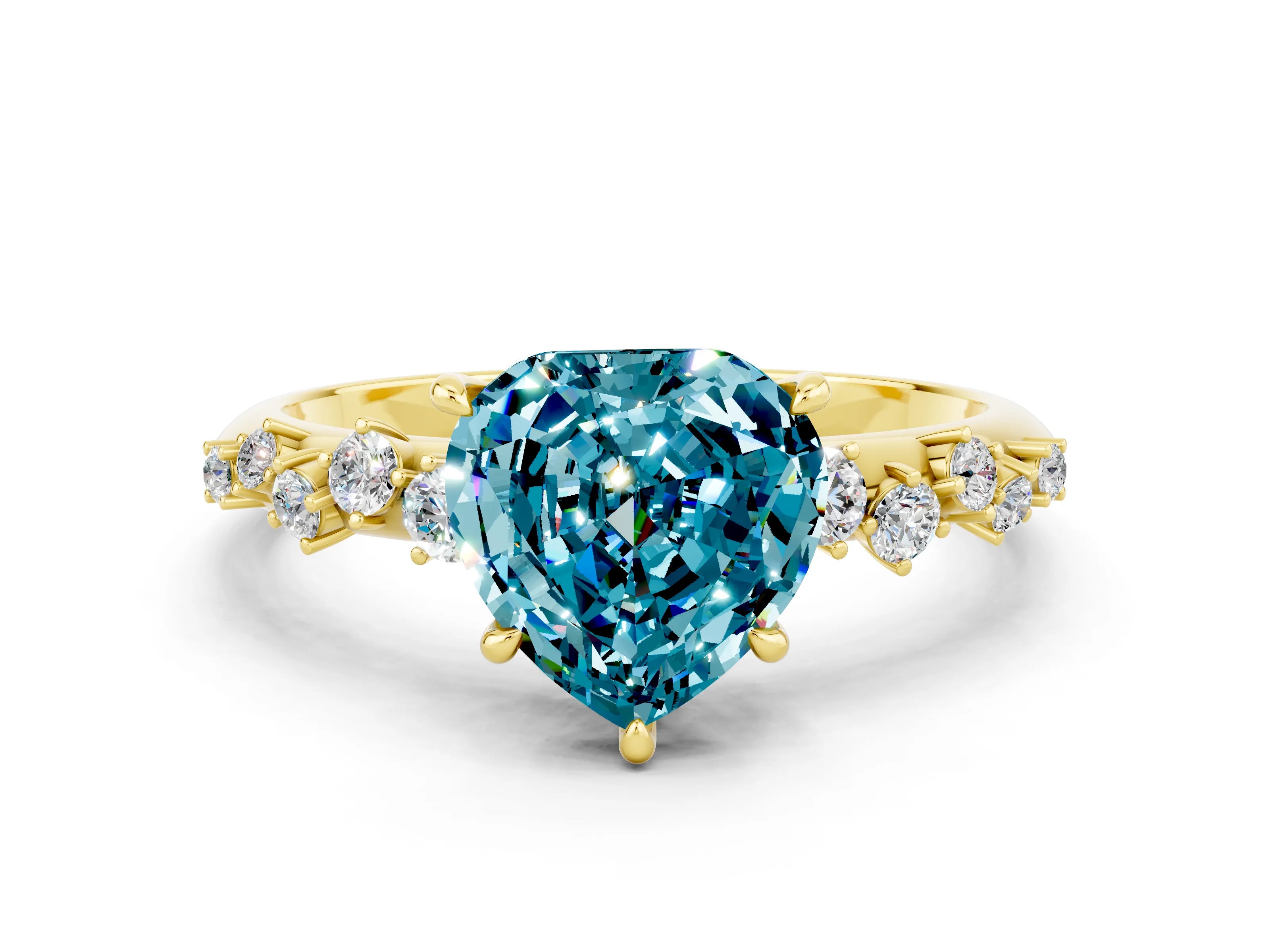 Yellow gold Heart Cut Blue Topaz Cluster Side Stone Solitaire Ring with Prong Setting_24