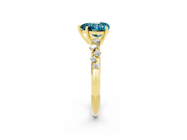 Yellow gold Heart Cut Blue Topaz Cluster Side Stone Solitaire Ring with Prong Setting