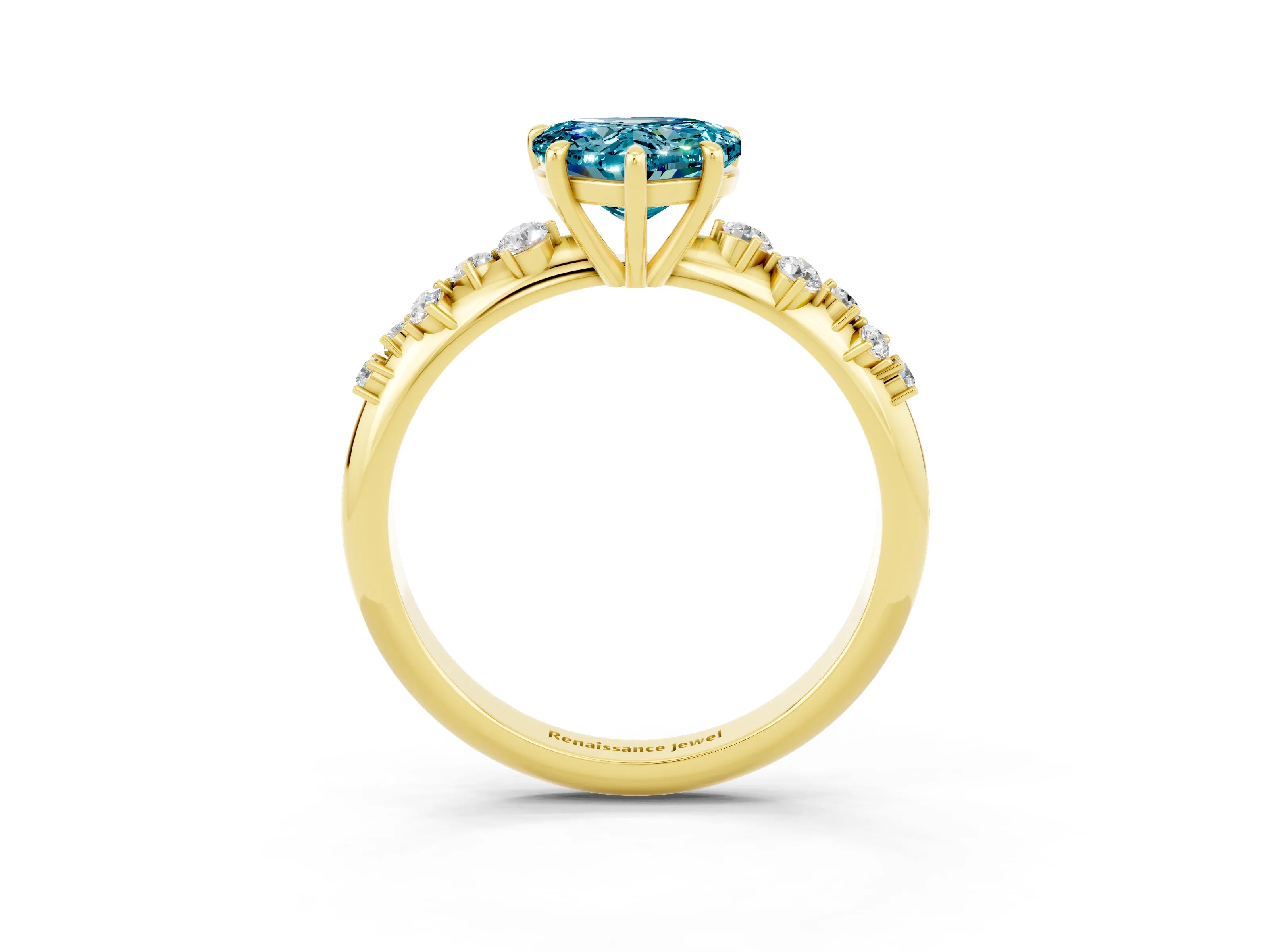Yellow gold Heart Cut Blue Topaz Cluster Side Stone Solitaire Ring with Prong Setting_27