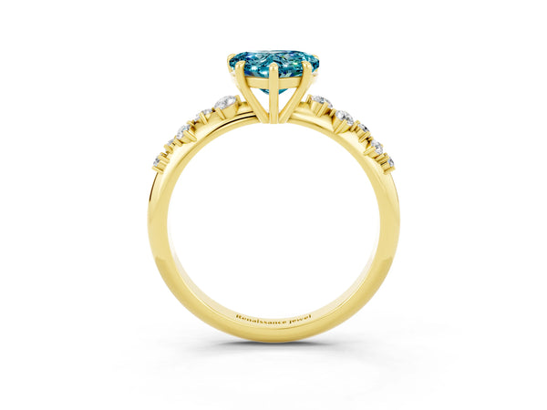 Yellow gold Heart Cut Blue Topaz Cluster Side Stone Solitaire Ring with Prong Setting