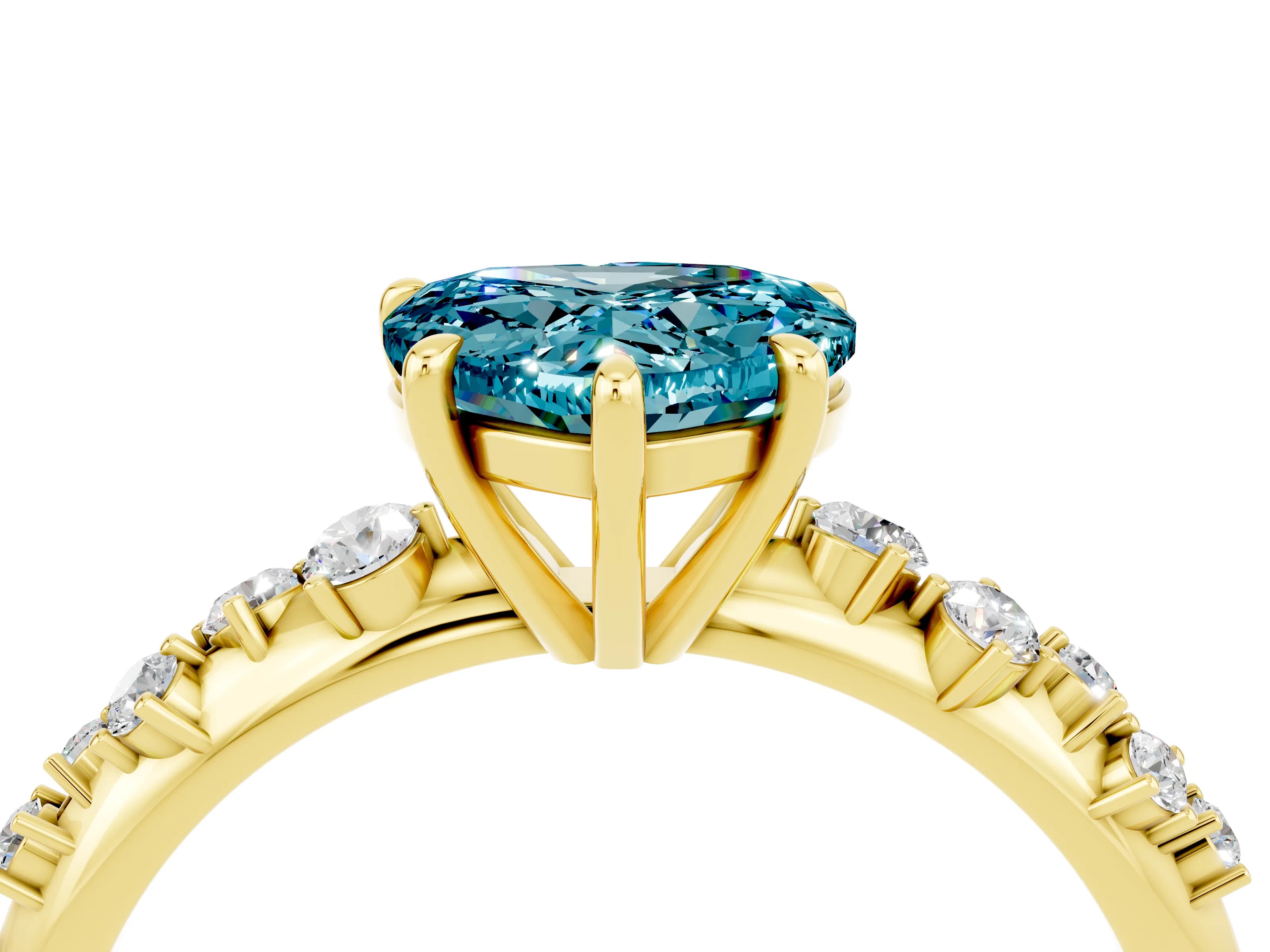 Yellow gold Heart Cut Blue Topaz Cluster Side Stone Solitaire Ring with Prong Setting_28