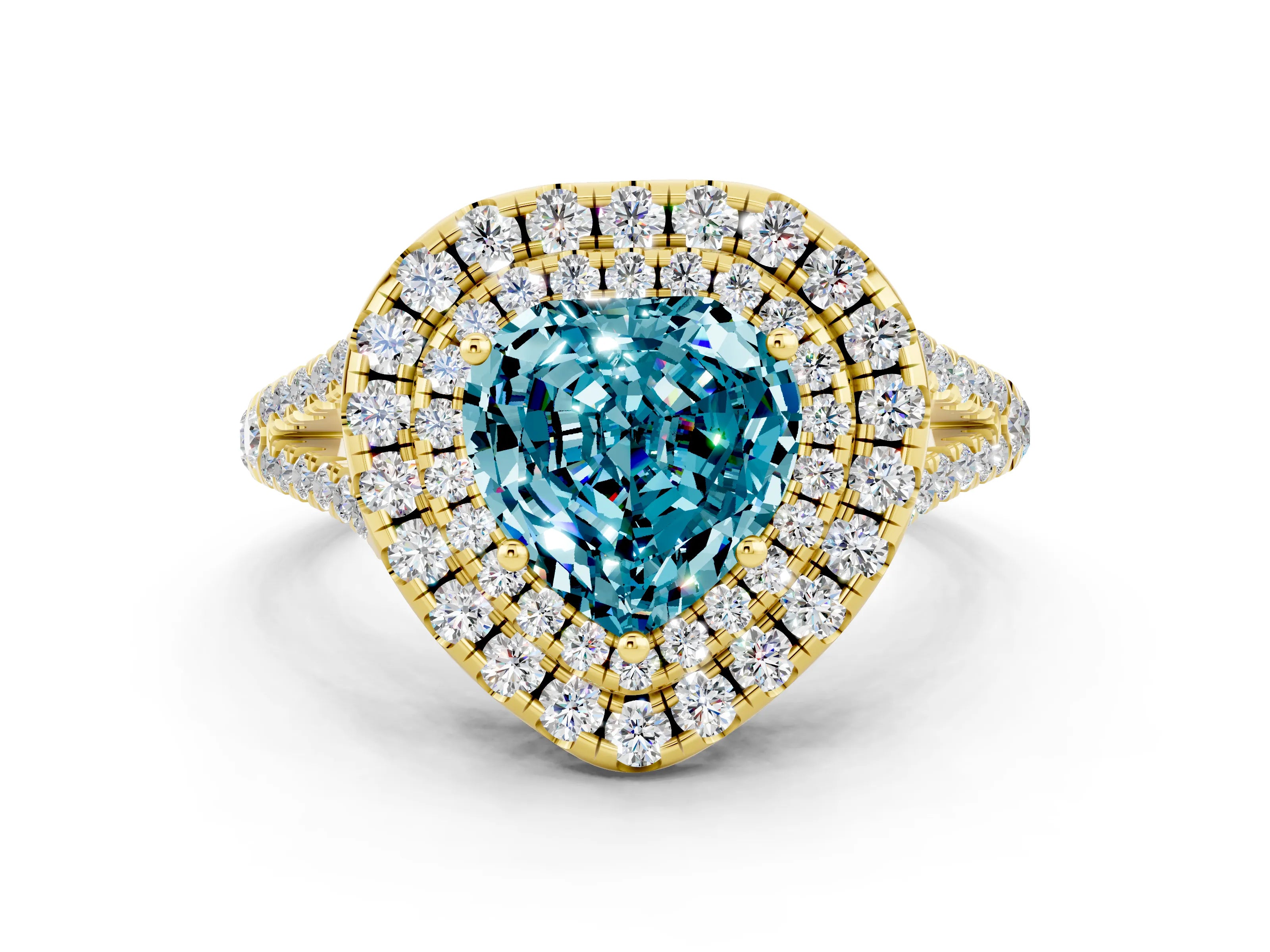 Yellow gold Heart Cut Blue Topaz Double Halo Ring with Pavé Band and Prong Setting_12