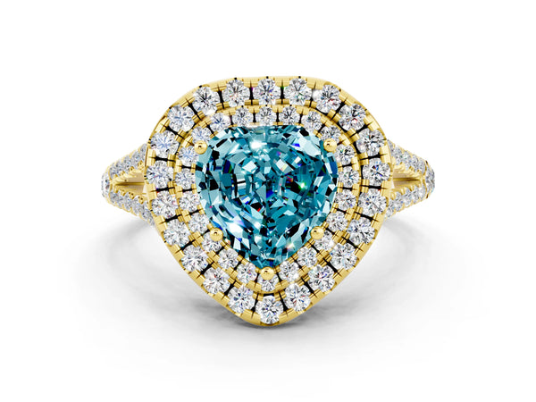 Yellow gold Heart Cut Blue Topaz Double Halo Ring with Pavé Band and Prong Setting