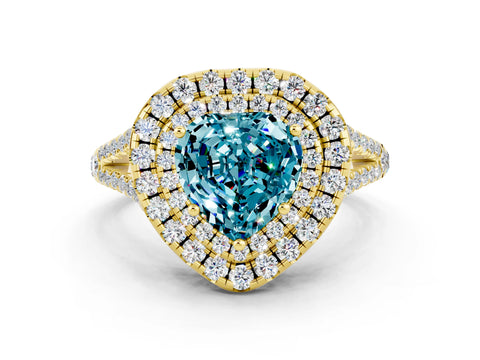 Yellow gold Heart Cut Blue Topaz Double Halo Ring with Pavé Band and Prong Setting_12