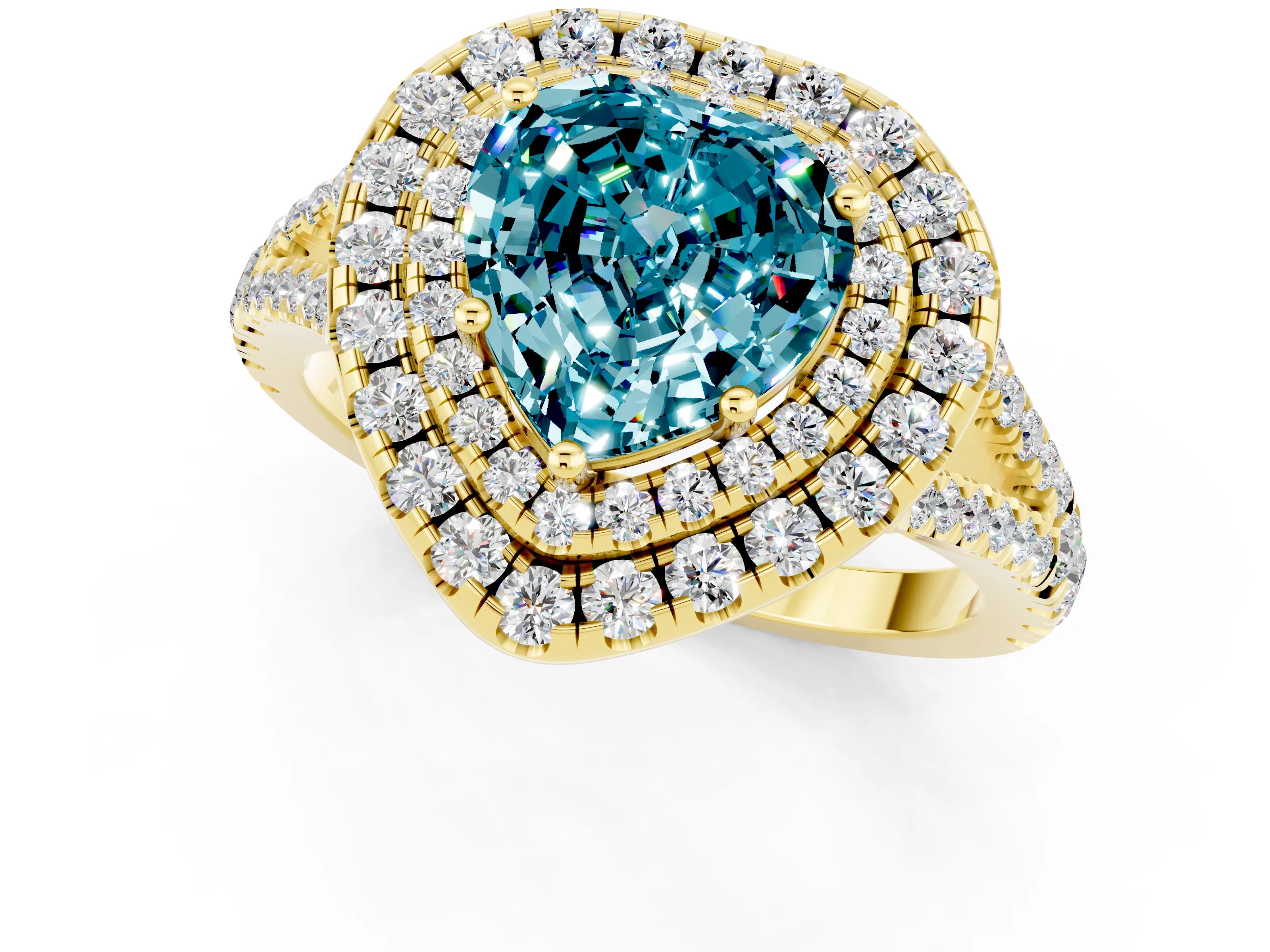 Yellow gold Heart Cut Blue Topaz Double Halo Ring with Pavé Band and Prong Setting_13
