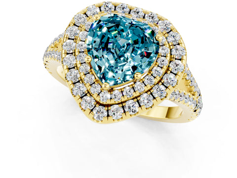 Yellow gold Heart Cut Blue Topaz Double Halo Ring with Pavé Band and Prong Setting_13