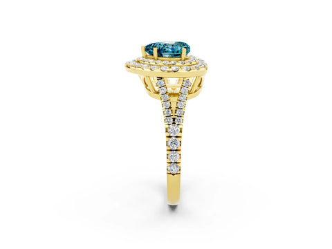 Yellow gold Heart Cut Blue Topaz Double Halo Ring with Pavé Band and Prong Setting_14