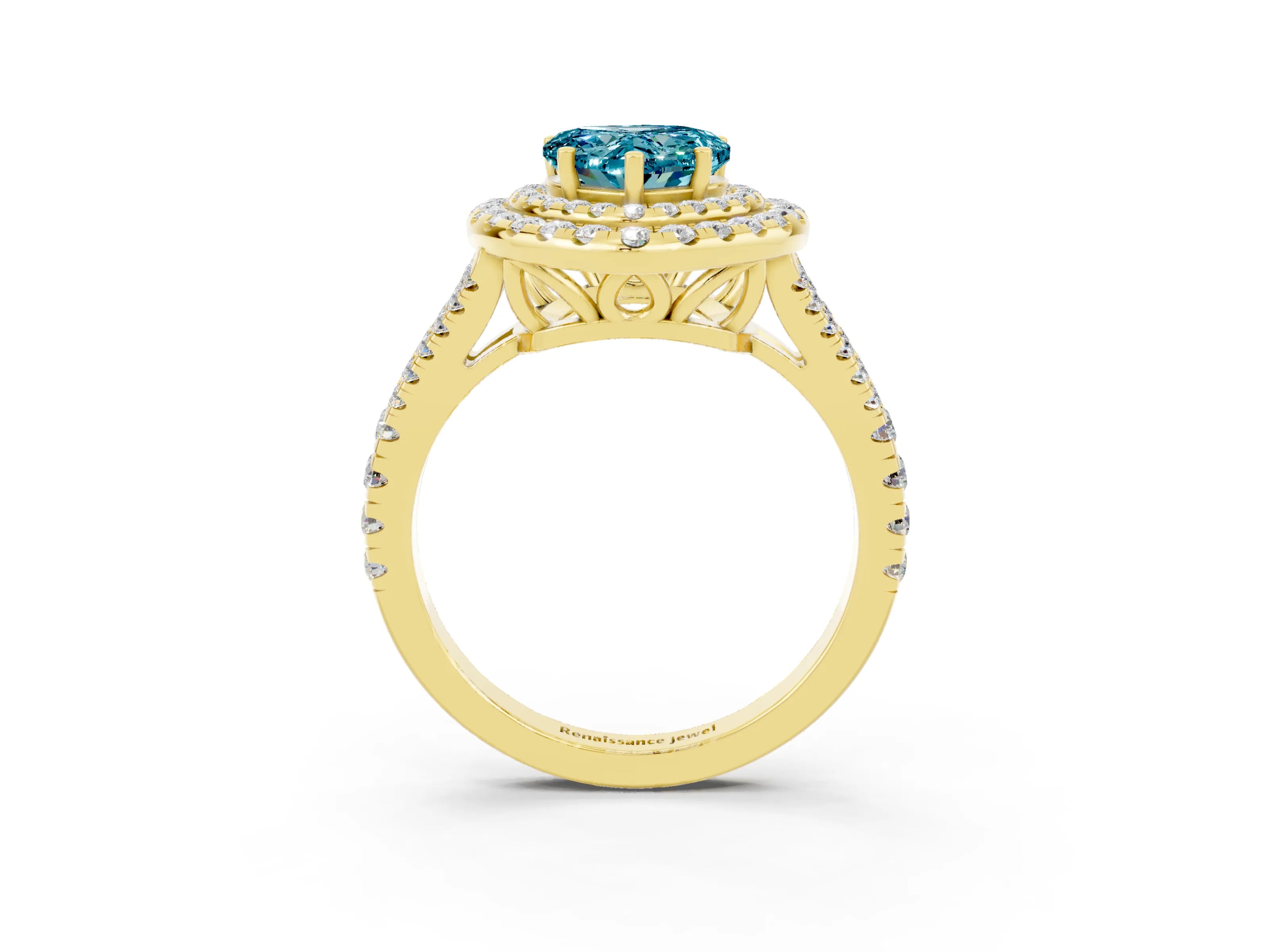 Yellow gold Heart Cut Blue Topaz Double Halo Ring with Pavé Band and Prong Setting_15