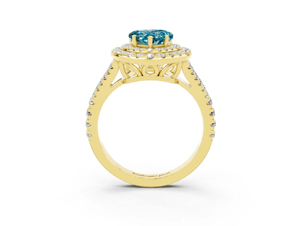 Yellow gold Heart Cut Blue Topaz Double Halo Ring with Pavé Band and Prong Setting