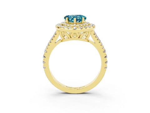 Yellow gold Heart Cut Blue Topaz Double Halo Ring with Pavé Band and Prong Setting_15
