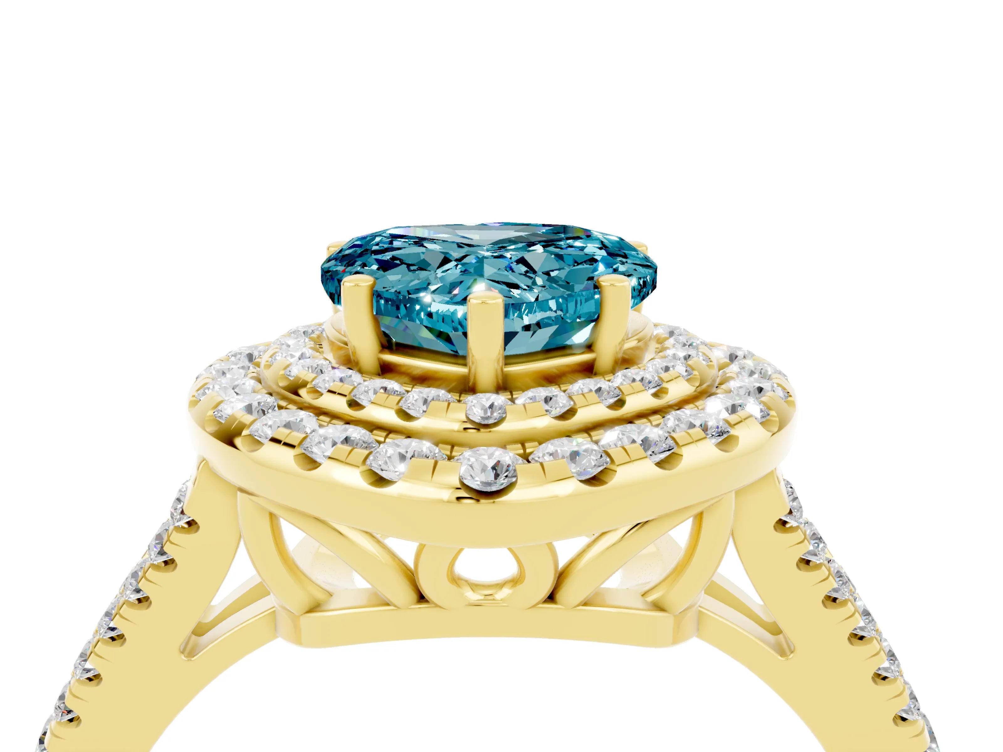 Yellow gold Heart Cut Blue Topaz Double Halo Ring with Pavé Band and Prong Setting_16