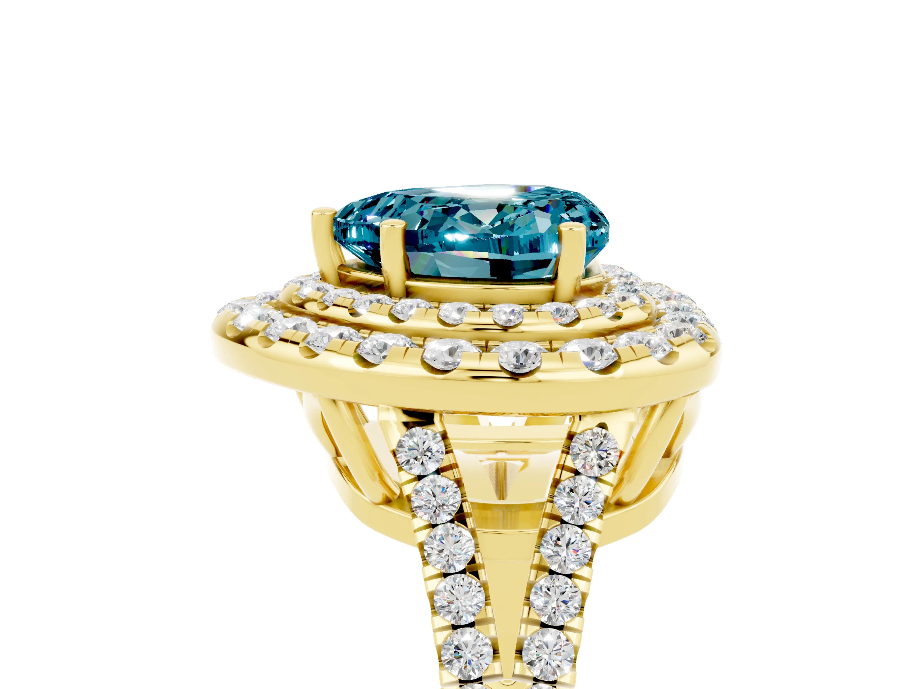 Yellow gold Heart Cut Blue Topaz Double Halo Ring with Pavé Band and Prong Setting_17